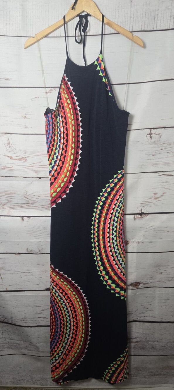 MmMmMm Womens Dress Large Blue Geometric Print Cut Out Back Maxi Halter Neck